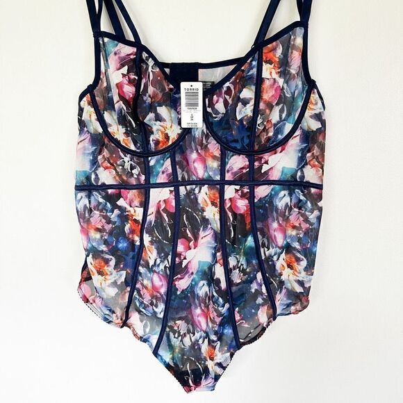 Torrid blue floral galaxy mesh piping bodysuit - Picture 3 of 8